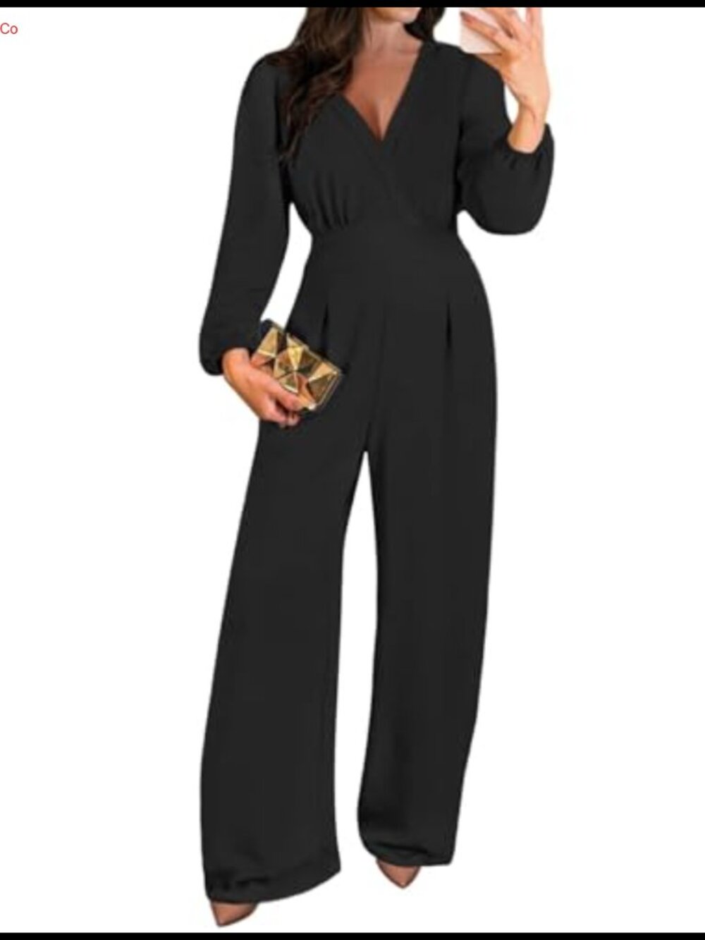 Women's Long Sleeve V Neck Wide Leg Jumpsuit with Pockets